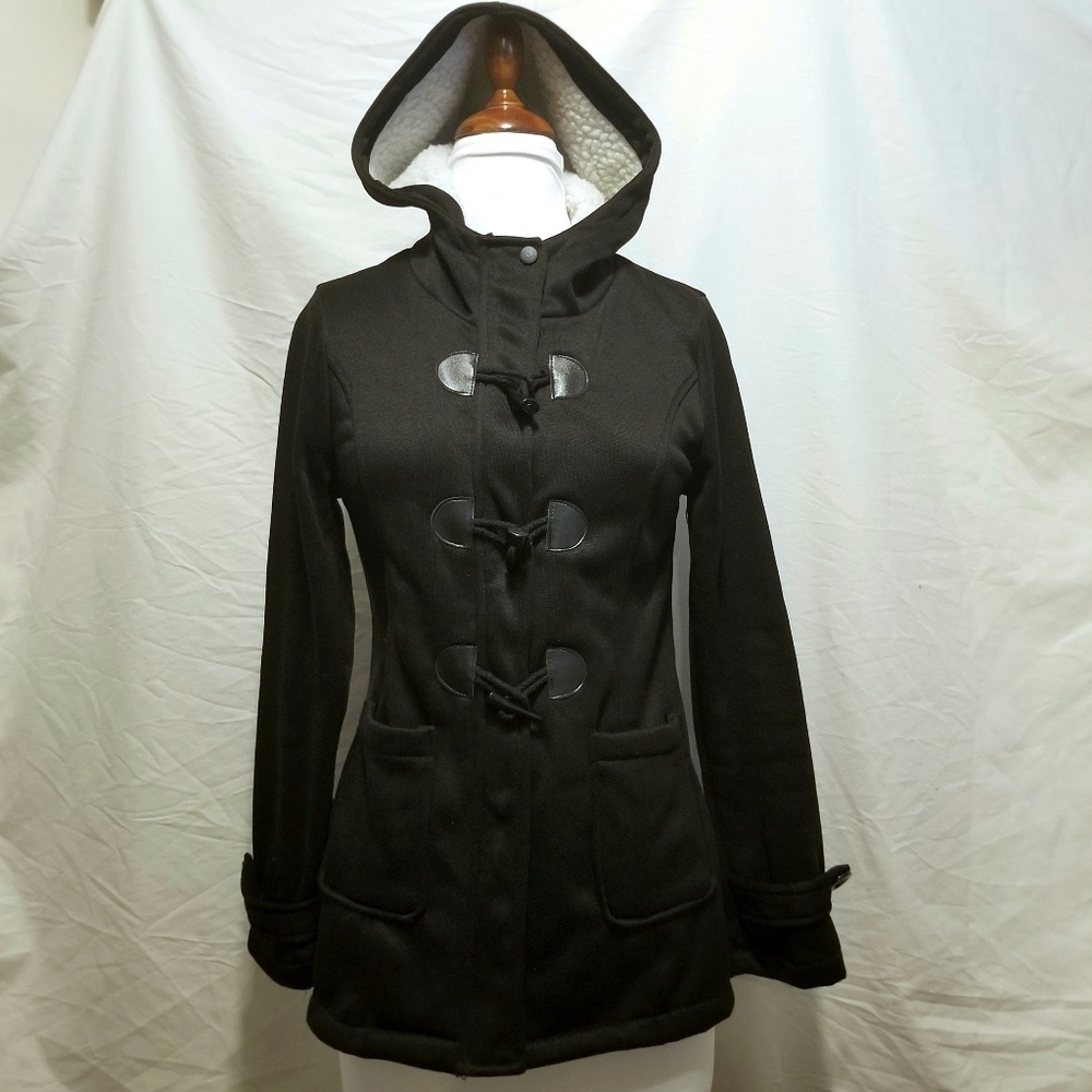 Black, Zip Up and Toggle Jacket, Fleece hood, Sz S